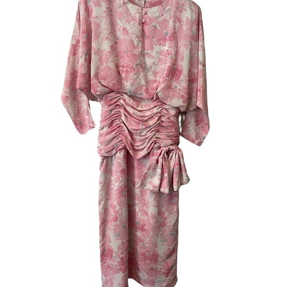 Vintage pink floral ruched midi women's high neckline, Long sleeve Dress, Small - Picture 5 of 8